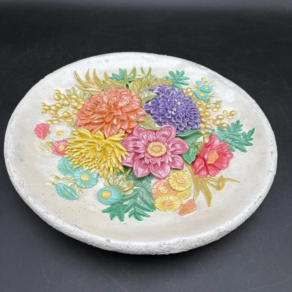 Vtg 3D Chalkware Floral Wall Plaque Dahlias Botanical Decor Cottagecore